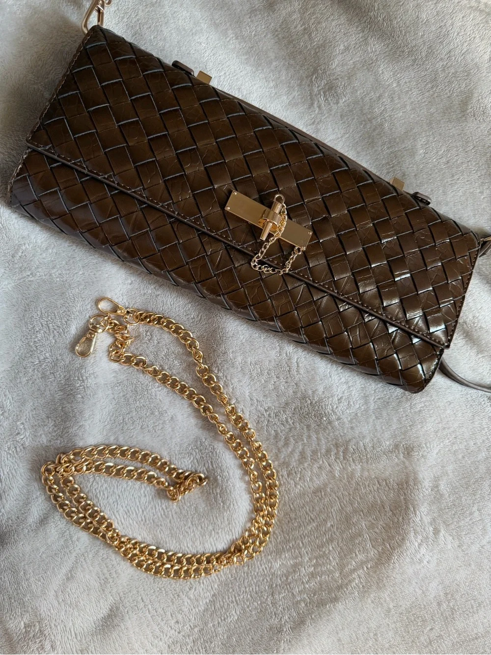 Aldo Brown Woven Leather Clutch with Gold-Tone Turn Lock
